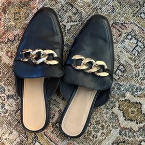 JustFab Black Mules with Gold Chain Accent